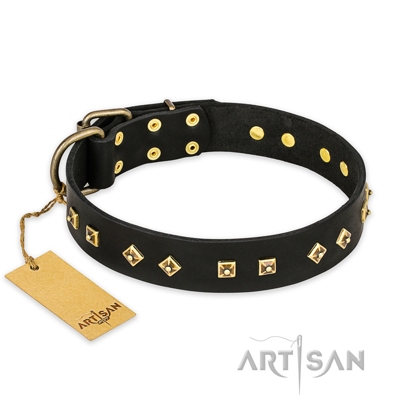 "Rhomb Style" FDT Artisan Decorated Leather Swiss Mountain Dog Collar with Old Bronze-Plated Studs 1 1/2 inch (40 mm) Wide