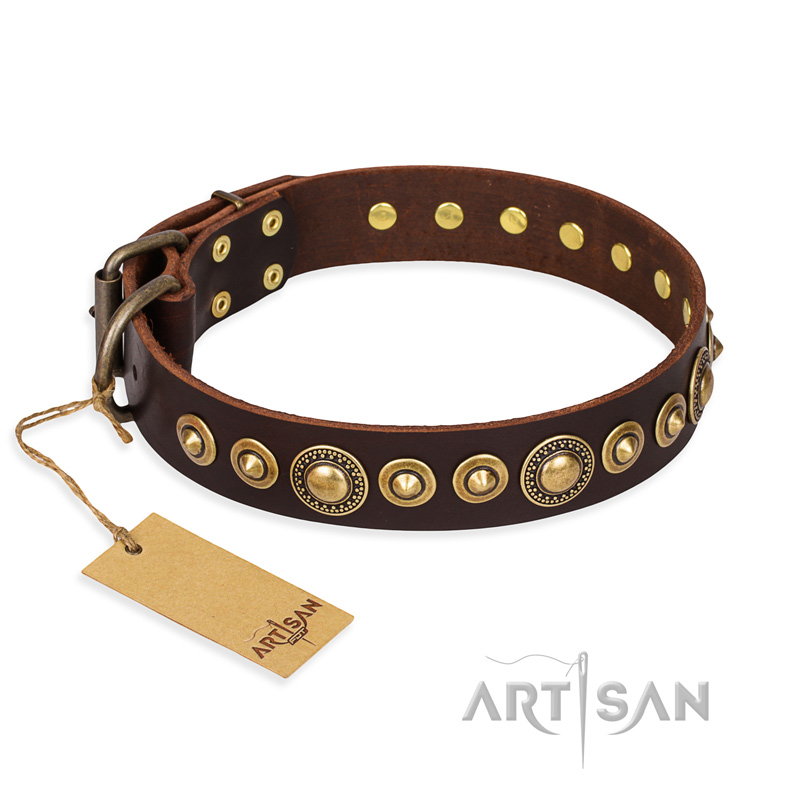 "Ancient Warrior" FDT Artisan Fancy Leather Swiss Mountain Dog Collar with Old-Bronze Plated Decorations