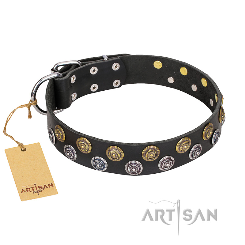 "Romantic Breeze" FDT Artisan Black Leather Swiss Mountain Dog Collar with Sparkling Circles