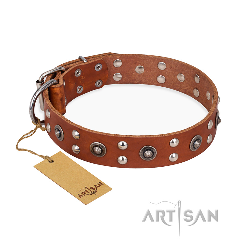 "Silver Elegance" FDT Artisan Decorated Leather Swiss Mountain Dog Collar with Old Silver-Like Plated Studs and Cones