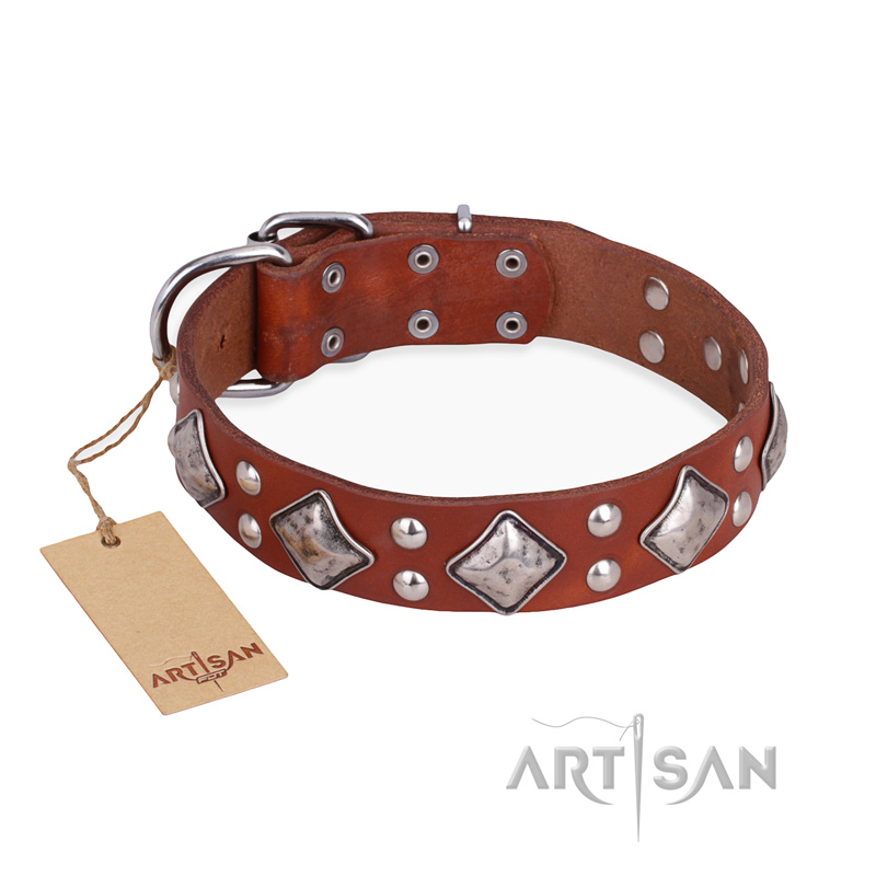 "Magic Squares" FDT Artisan Tan Leather Swiss Mountain Dog Collar with Silver-like Decor