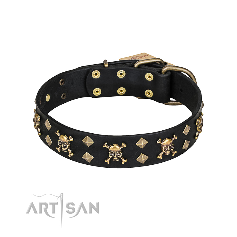 "Jolly Rojer" FDT Artisan Leather Swiss Mountain Dog Collar with Pirate Skulls and Studs - 1 1/2 inch (40 mm) wide