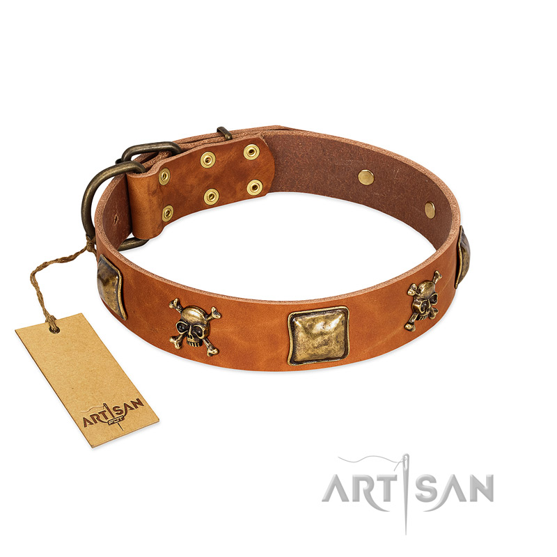 "Knights Templar" FDT Artisan Tan Leather Swiss Mountain Dog Collar with Skulls and Crossbones Combined with Squares