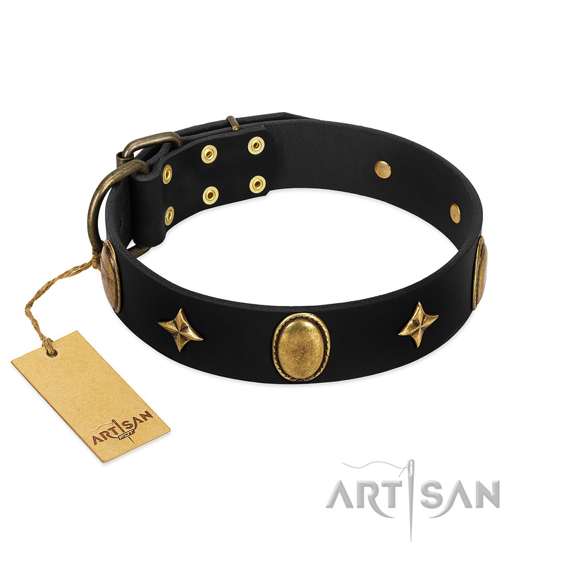 "Star Powder" FDT Artisan Black Leather Swiss Mountain Dog Collar with Ovals and Stars - 1 1/2 inch Wide