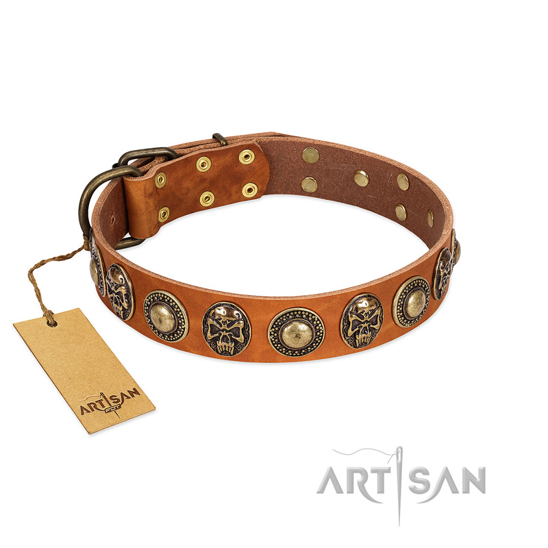 "Golden Epoch" FDT Artisan Tan Leather Swiss Mountain Dog Collar with Old Bronze-plated Medallions and Conchos