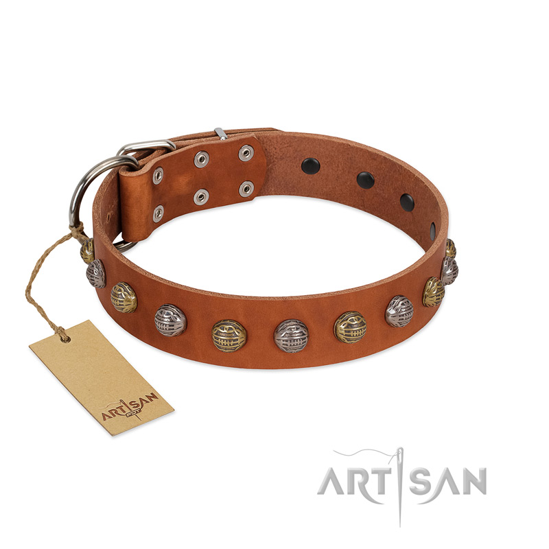 "Dogue-Vogue" FDT Artisan Tan Leather Swiss Mountain Dog Collar with Engraved Chrome-plated Studs