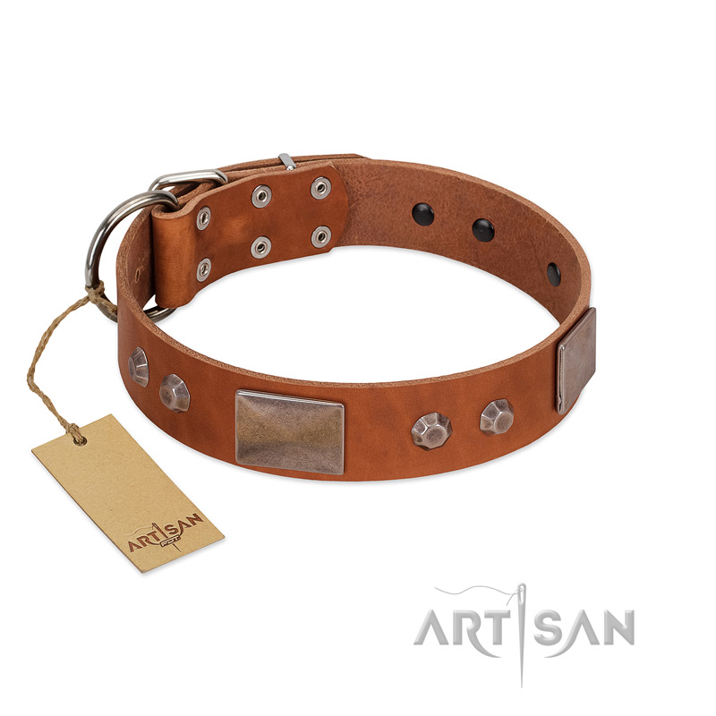 "Great Obelisk" Handcrafted FDT Artisan Tan Leather Swiss Mountain Dog Collar with Large Plates and Pyramids