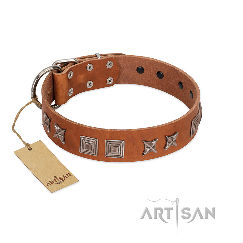 "Antique Figures" FDT Artisan Tan Leather Swiss Mountain Dog Collar with Silver-like Engraved Plates