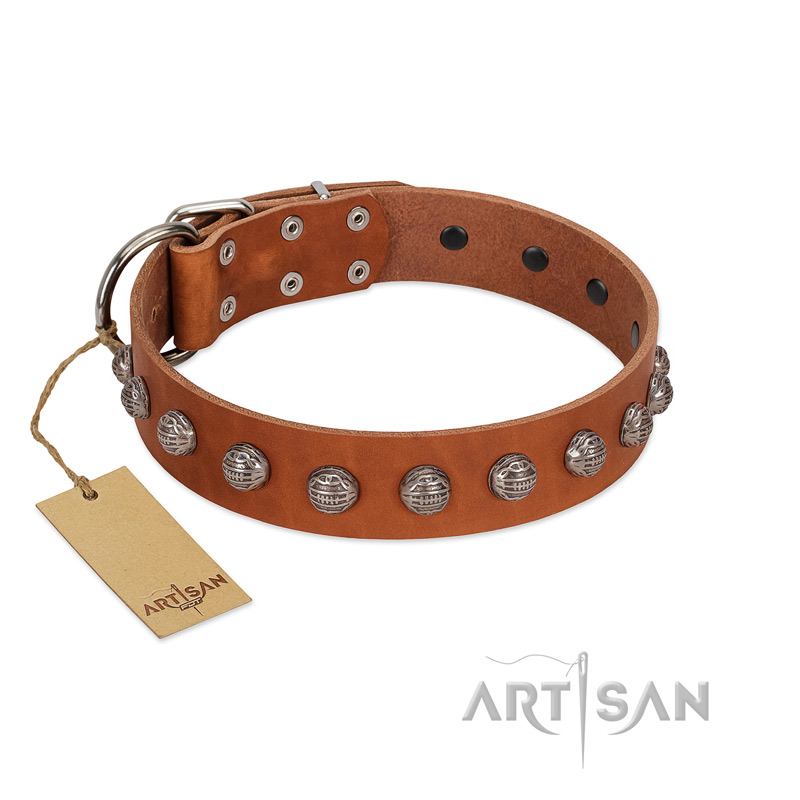 "Heroic Deeds" Designer Handmade FDT Artisan Tan Leather Swiss Mountain Dog Collar