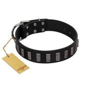 "Black Prince" Handmade FDT Artisan Black Leather Swiss Mountain Dog Collar with Silver-Like Adornments