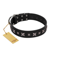"Polar Lights" Designer FDT Artisan Black Leather Swiss Mountain Dog Collar with Silver-Like Studs