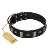 "Pirates' Symbol" Fashionable FDT Artisan Black Leather Swiss Mountain Dog Collar with Silver-Like Plates and Gold-Like Skulls