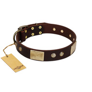 "Middle Age" FDT Artisan Brown Leather Swiss Mountain Dog Collar with Old Bronze-Plated Engraved Flowers and Large Plates
