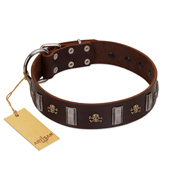"War Chief" FDT Artisan Genuine Brown Leather Swiss Mountain Dog Collar with Skulls and Plates