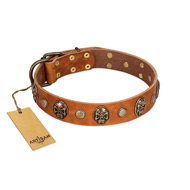"Call of Feat" FDT Artisan Tan Leather Swiss Mountain Dog Collar with Old Bronze-like Studs and Oval Brooches