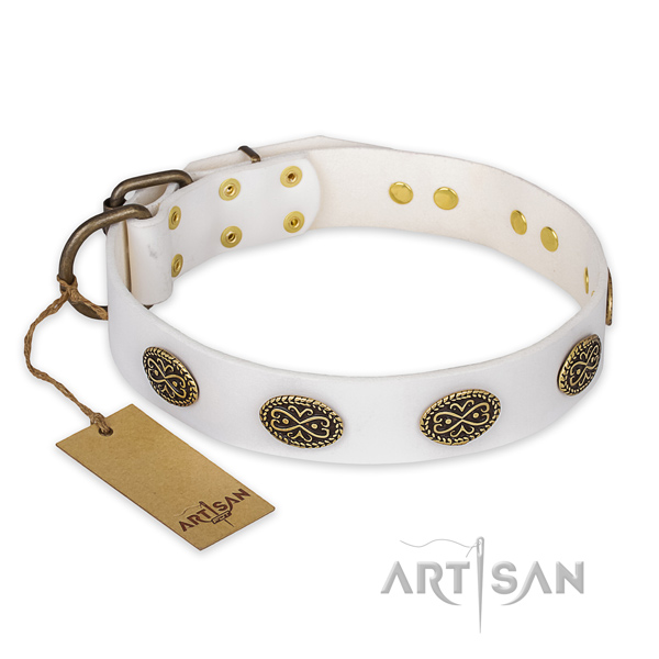 Trendy full grain natural leather dog collar with rust resistant traditional buckle