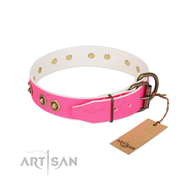 Natural genuine leather dog collar with rust-proof buckle and adornments