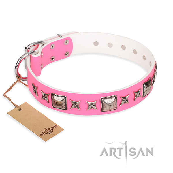 Natural genuine leather dog collar made of soft to touch material with corrosion resistant fittings
