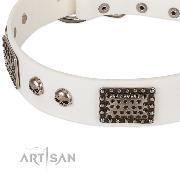 Strong D-ring on full grain natural leather dog collar for your four-legged friend