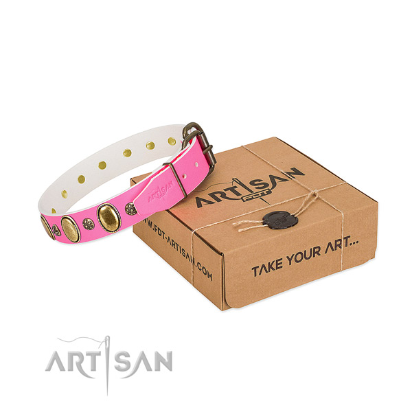 Soft natural leather dog collar with rust resistant hardware