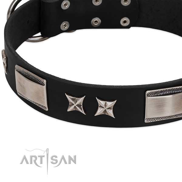 Soft genuine leather dog collar with corrosion resistant D-ring