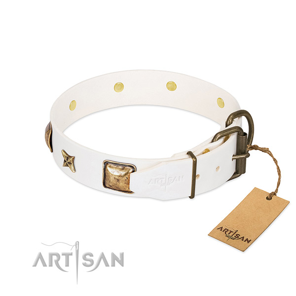 Full grain genuine leather dog collar with corrosion resistant buckle and adornments