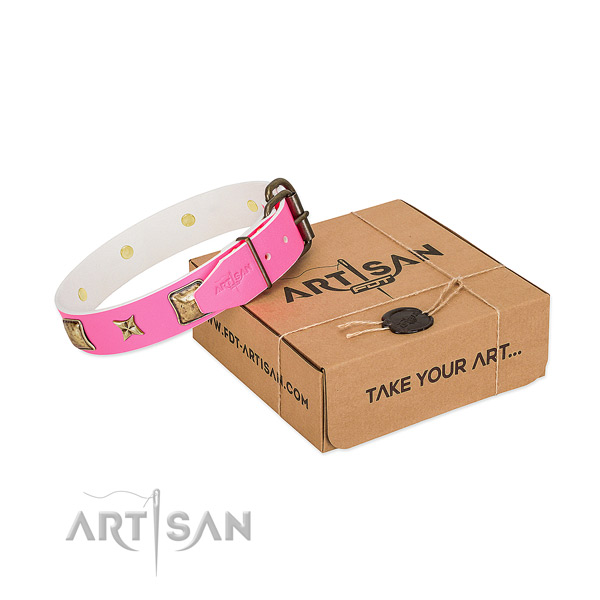 Corrosion resistant fittings on full grain leather dog collar for comfy wearing