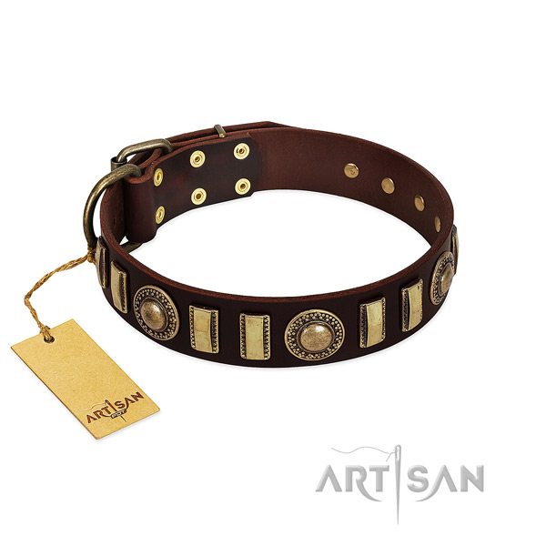 Flexible full grain genuine leather dog collar with corrosion proof hardware