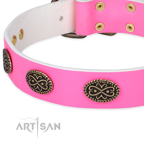 Full grain natural leather dog collar with decorations for comfy wearing