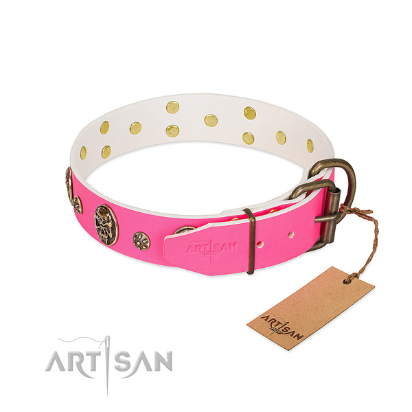 Reliable traditional buckle on full grain genuine leather collar for daily walking your dog