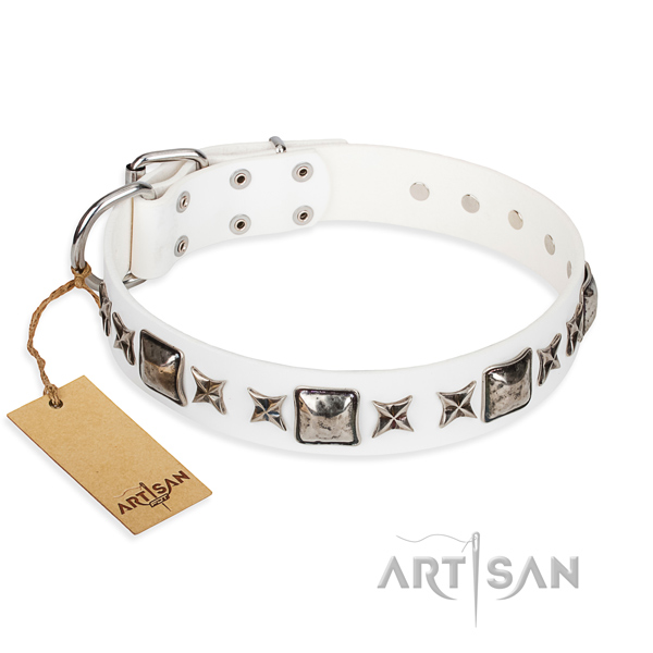 Handy use dog collar of durable natural leather with decorations