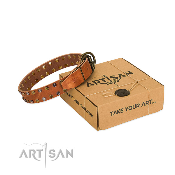 Stylish walking soft to touch genuine leather dog collar with decorations