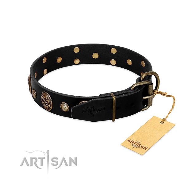 Corrosion proof fittings on full grain genuine leather collar for walking your pet