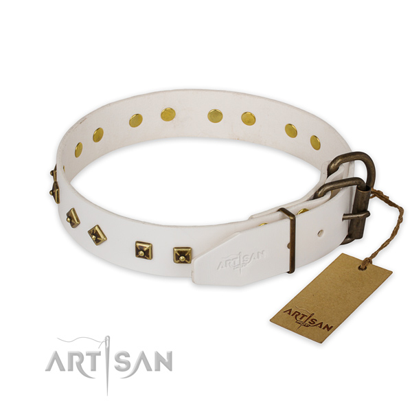 Corrosion resistant D-ring on full grain leather collar for fancy walking your dog