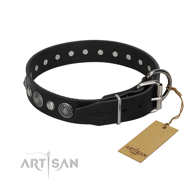 Top quality full grain natural leather dog collar with trendy decorations