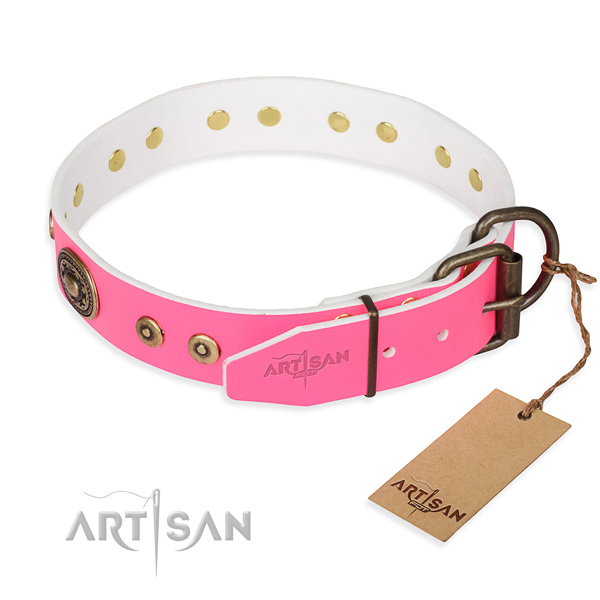 Full grain natural leather dog collar made of top rate material with strong decorations