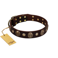 "Snazzy Paws" FDT Artisan Brown Leather Swiss Mountain Dog Collar Adorned with Conchos and Medallions