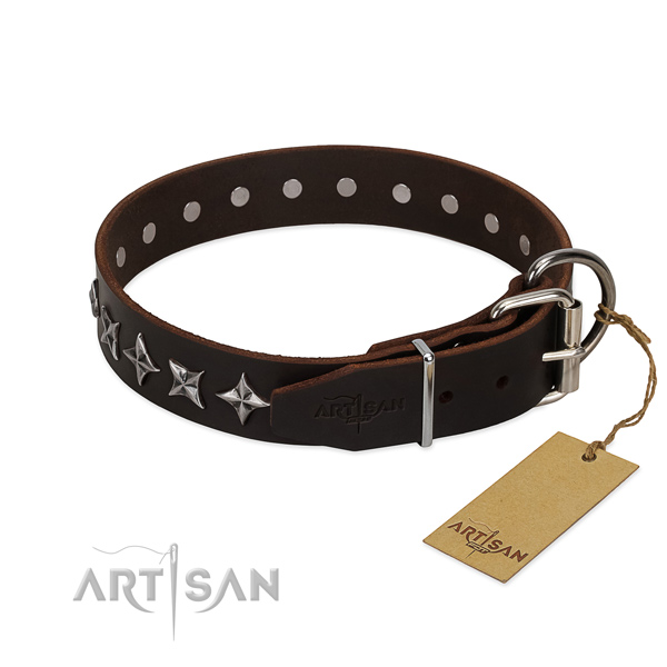 Comfortable wearing adorned dog collar of fine quality genuine leather