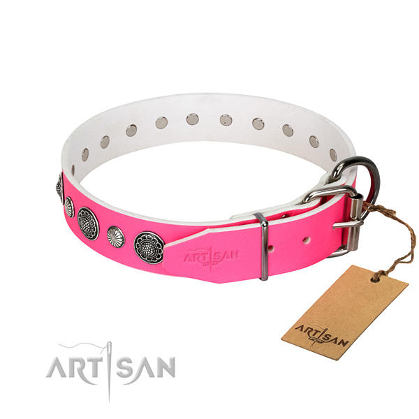 Soft to touch Full grain natural leather dog collar with rust resistant hardware