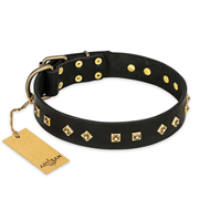 "Rhomb Style" FDT Artisan Decorated Leather Swiss Mountain Dog Collar with Old Bronze-Plated Studs 1 1/2 inch (40 mm) Wide