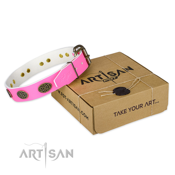 Durable embellishments on dog collar for handy use