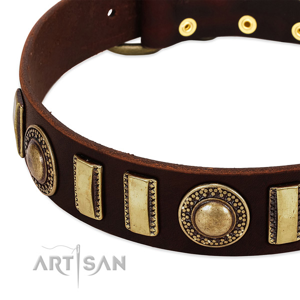 Gentle to touch full grain leather dog collar with corrosion resistant buckle