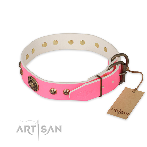 Reliable traditional buckle on genuine leather collar for stylish walking your doggie