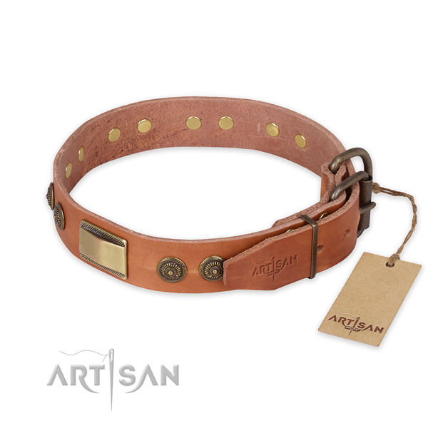 Strong D-ring on full grain genuine leather collar for basic training your dog