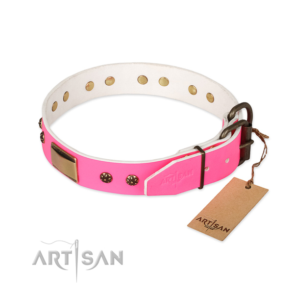 Full grain natural leather dog collar with rust resistant buckle and decorations
