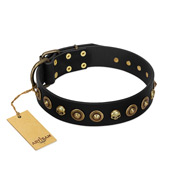 "Reckless Mutt" FDT Artisan Black Leather Swiss Mountain Dog Collar with Skulls and Brooches