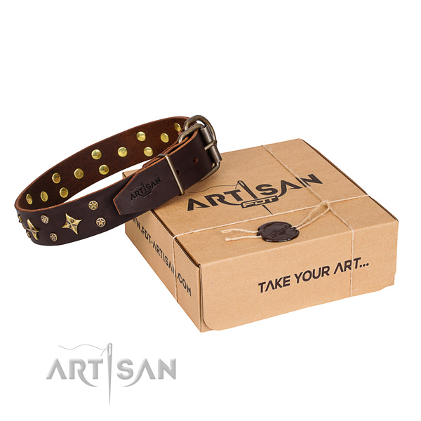 Comfy wearing dog collar of fine quality leather with studs