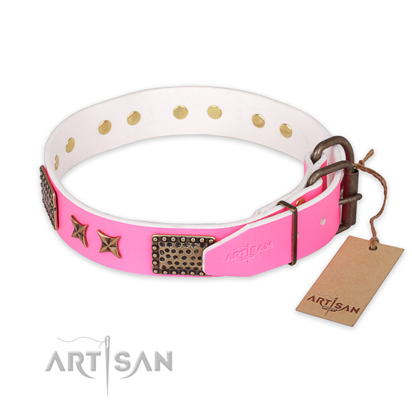 Durable D-ring on full grain natural leather collar for your stylish dog