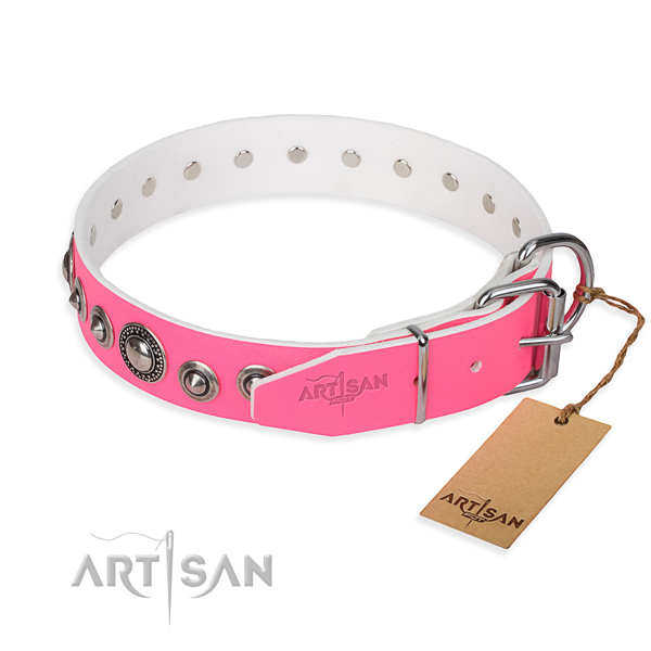 Leather dog collar made of soft to touch material with corrosion proof decorations