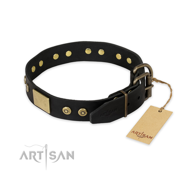 Corrosion proof D-ring on full grain leather collar for walking your doggie
